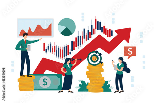 Vector illustration Traders are working on financial investment, trading or profit and loss as a risk decision to invest in forex stocks to analyze into the planning of the stock market.