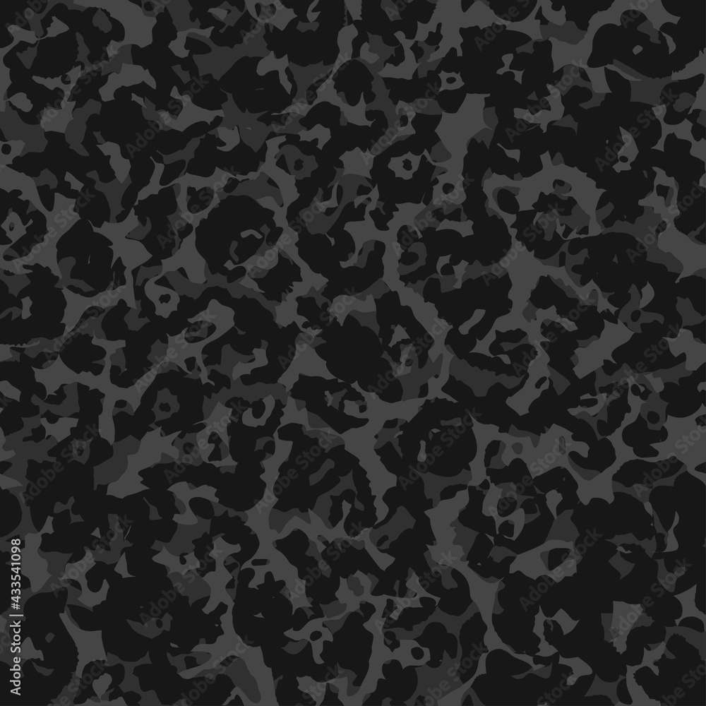 Camouflage pattern background, seamless vector illustration. Classic  clothing style masking dark camo, repeat print. Grey and black texture  Stock Vector