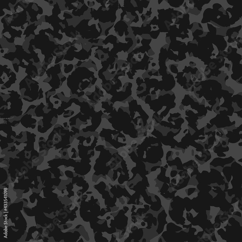 Camouflage pattern background, seamless vector illustration. Classic clothing style masking dark camo, repeat print. Grey and black texture