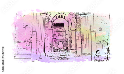 Building view with landmark of Cordoba is the 
city in Spain. Watercolor splash with hand drawn sketch illustration in vector.