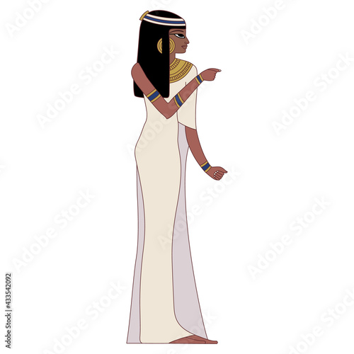 Standing ancient Egyptian young woman in long dress. Pretty lady. Isolated vector illustration.