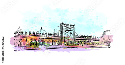Building view with landmark of Fatehpur is the city in India. Watercolor splash with hand drawn sketch illustration in vector.