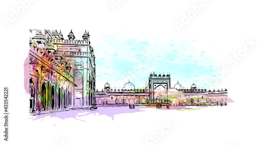 Building view with landmark of Fatehpur is the city in India. Watercolor splash with hand drawn sketch illustration in vector.