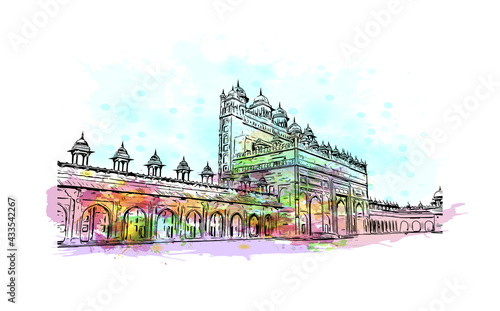 Building view with landmark of Fatehpur is the city in India. Watercolor splash with hand drawn sketch illustration in vector.