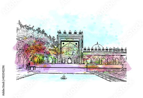 Building view with landmark of Fatehpur is the city in India. Watercolor splash with hand drawn sketch illustration in vector.