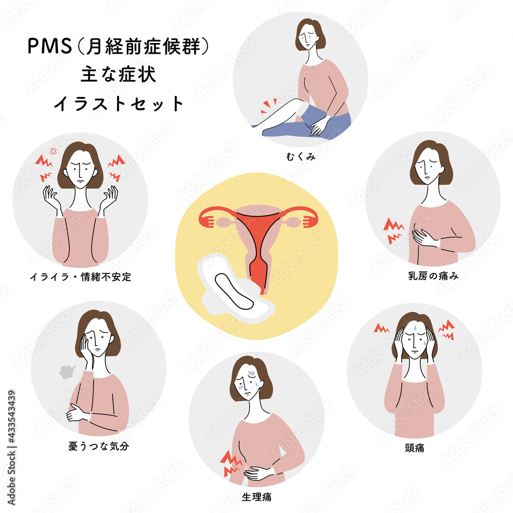 Pms 月経前症候群 の主な症状 イラストセット 日本語バージョン Stock ベクター Adobe Stock