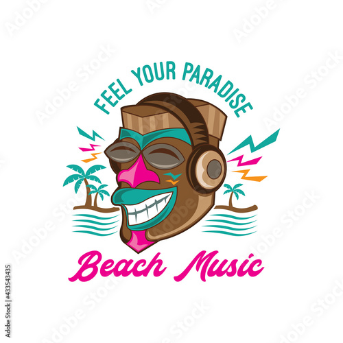 Beach logo with smiling Tiki mask listening music vector illustration  perfect for Event music festival and t shirt design