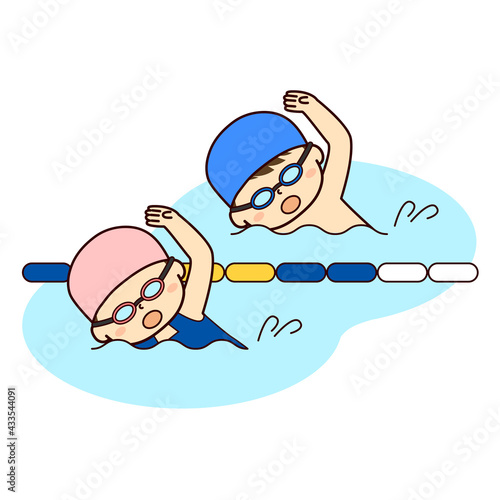 泳いでいるスクール水着の子ども（男の子・女の子）