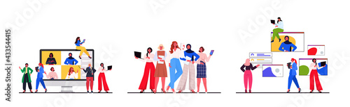set businesswomen leaders discussing with colleagues during video call leadership concept