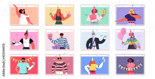 set people in festive hats celebrating online birthday party men women in computer windows having fun