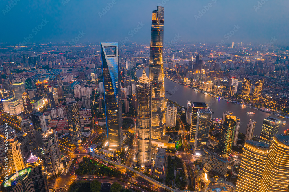 Night view of Lujiazui, the financial district in Shanghai, China, aerial shot.