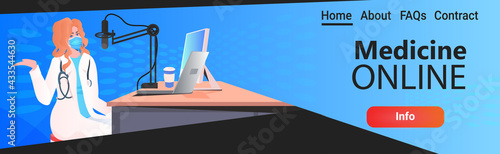 female doctor in mask giving online speech coronavirus pandemic fight against covid-19 concept