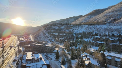 Vail in Winter Sunset over Village Eagle Bahn Drone Shot of Town Colorado Ski photo