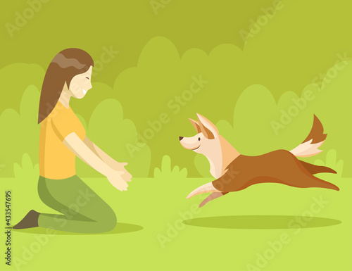 Happy girl playing with dog in park cartoon flat illustration. Female character smiling and sitting on grass, puppy running towards. Pets, domestic animals, lifestyle concept