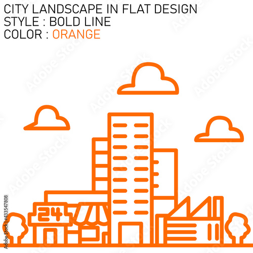 city landscape in flat design with orange bold lines, white fills.