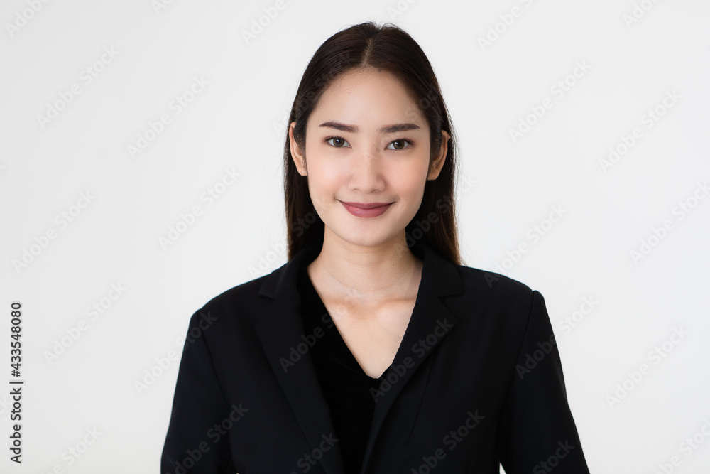 Young and cute beautiful black long hair woman pose with self-confidence on white background Young and cute beautiful black long hair woman pose with self-confidence on white background