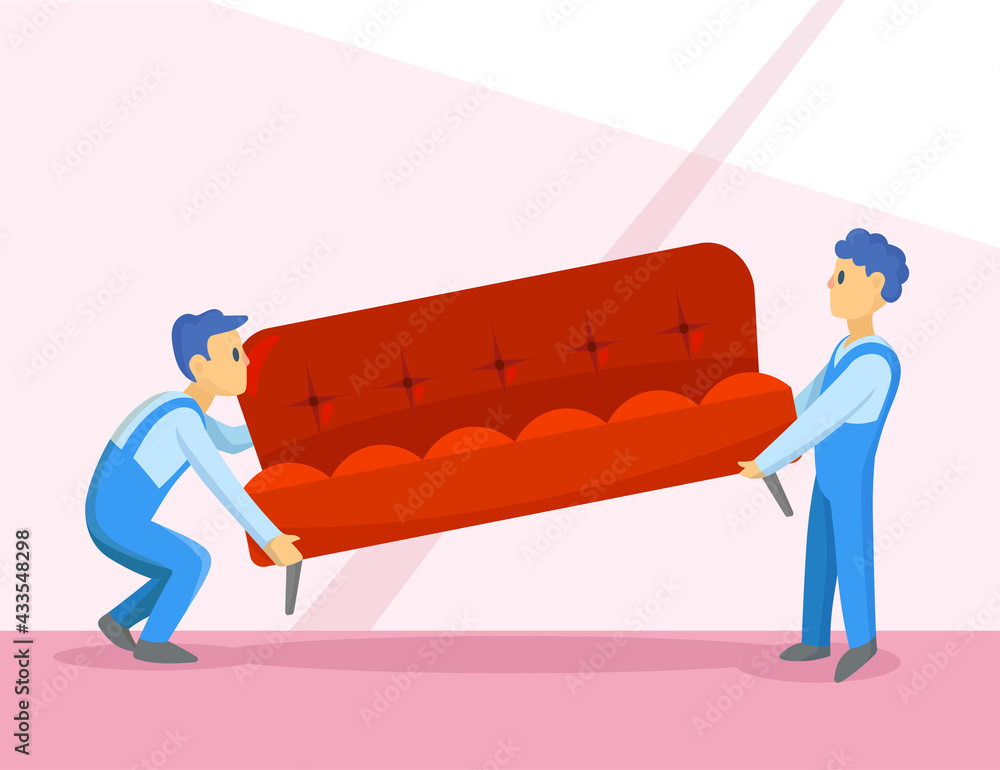 Delivery service workers relocating sofa illustration. Cartoon