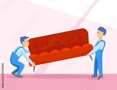 Delivery service workers relocating sofa illustration. Cartoon characters in uniform carrying couch, helping with moving house. Delivery company, moving, furniture, transportation concept