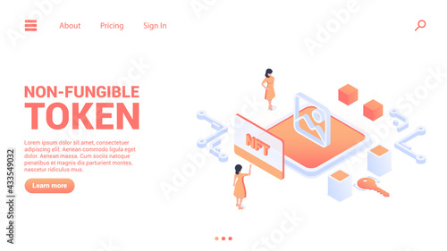 NFT web banner or landig page template. Non-fungible token development and research. Unique cryptographic tokens. Modern vector illustration in isometric style. Isolated on white background