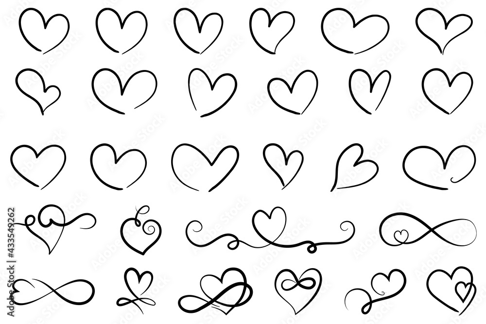 Hearts hand drawn vector illustration set collection isolated - obrazy, fototapety, plakaty 
