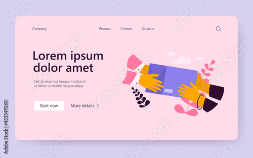 Courier giving shipping object to customer. Hands of client receiving parcel. Vector illustration for express delivery, postal service, mail concept