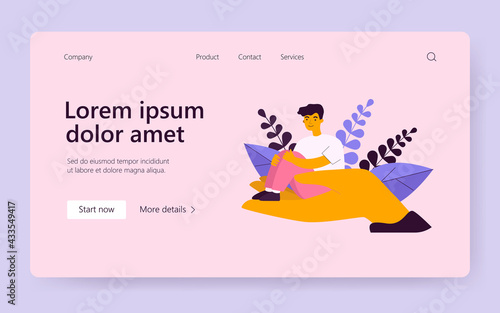 Tiny patient man sitting in counselor hand. Person support flat vector illustration. Psychologist counseling, psychotherapy, mental health concept for website design or landing web page