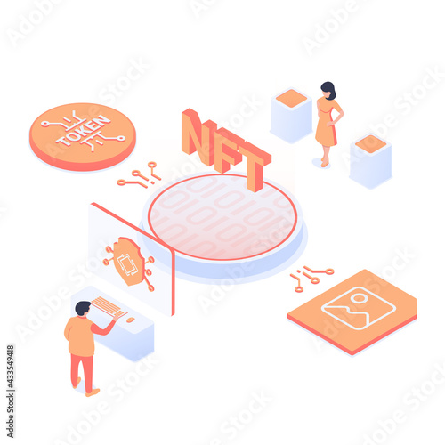 NFT concept. Сreation of a certificate of uniqueness of a digital object. Unique cryptographic tokens. Modern vector illustration in isometric style. Isolated on white background