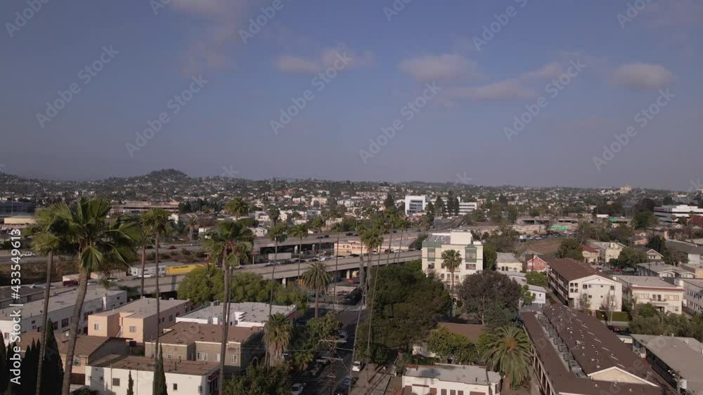 Aerial shot of Freeway traffic at Hollywood in Los Angeles, California. 4k Drone Aerial shot of Freeway traffic at Hollywood in Los Angeles, California. 4k Drone