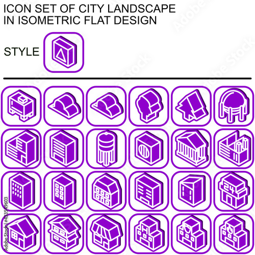 City landscape icon set in isometric flat design with white lines, purple fills, purple outline, drop shadow on a round square of purple line and white fill background.