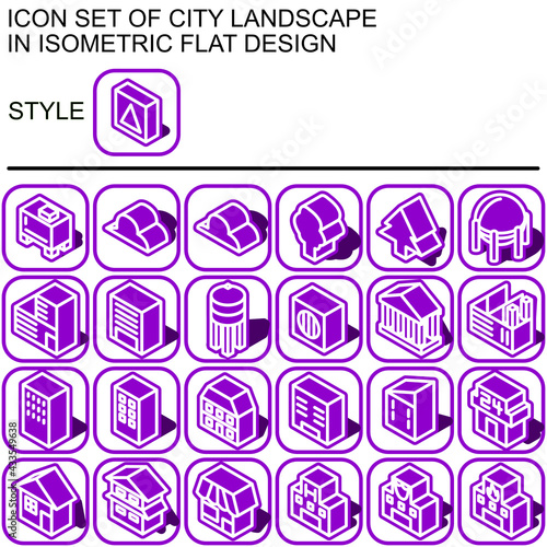 City landscape icon set in isometric flat design with white lines, purple fills, purple outline, shape of a shadow on a round square of purple line and white fill background.