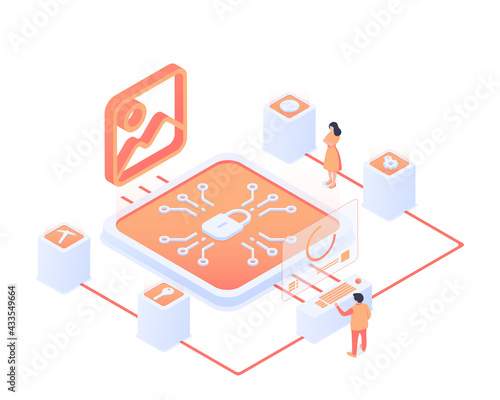 Unique cryptographic tokens. NFT concept. People creating certificate of uniqueness of a digital object.  Modern vector illustration in isometric style. Isolated on white background