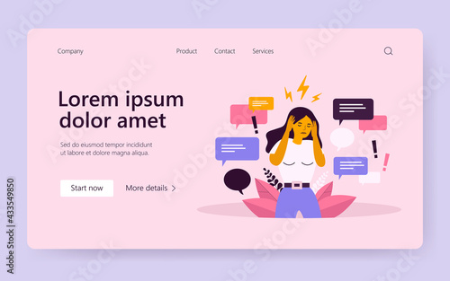 Sad woman covering ears with hands to stop disinformation isolated flat vector illustration. Cartoon character having headache from noise. Fake news, hoax and social advertising noise concept