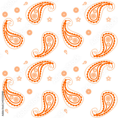Traditional indian pattern known as paisley in seamless with orange and white.