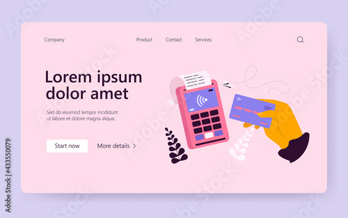 Hand holding debit or credit card for payment flat vector illustration. Cartoon unrecognizable buyer paying on contactless terminal. Digital transaction and wireless transfer concept