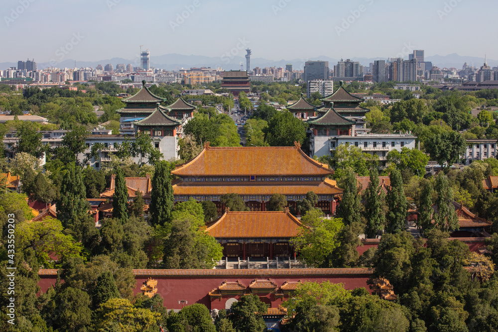 An aerial view of architectural buildings and decorations at the Forbidden City (Palace Museum) in Beijing, China.