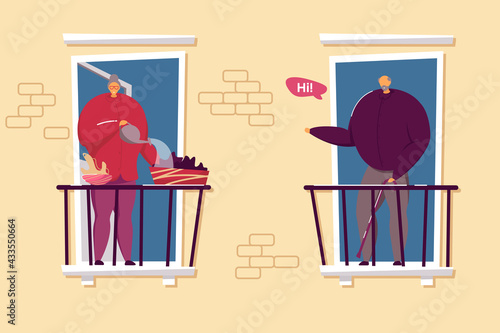 Senior neighbors standing on balconies and talking. Woman watering plants, man greeting her. Flat illustration. Neighborhood and life in big city concept for banner, website design or landing web page