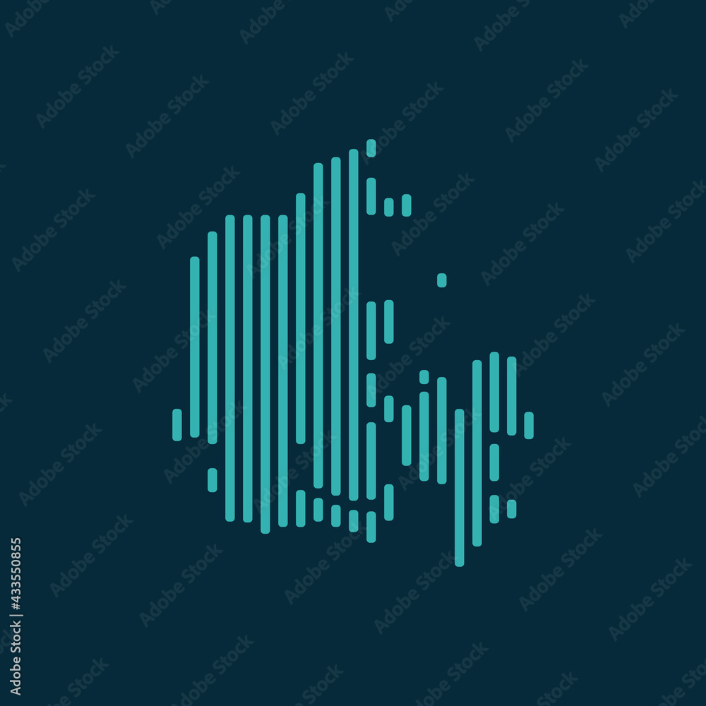 Vector abstract map of Denmark with blue straight rounded lines isolated on a indigo background.