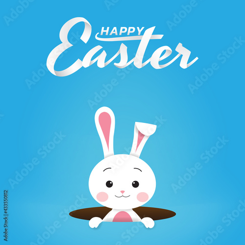 Greeting card Happy Easter day concept, Cute white rabbit pops out of the hole
