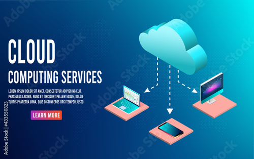 Isometric modern cloud computing and networking concept. Data protected on smart phone and online storage for .Web cloud technology business. Vector illustration eps10