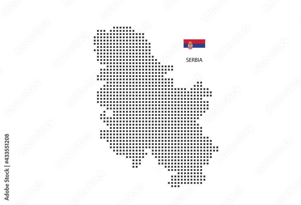 Vector square pixel dotted map of Serbia isolated on white background with Serbia flag.