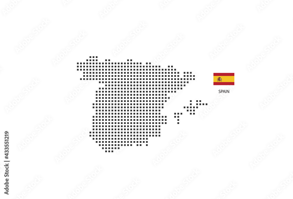 Vector square pixel dotted map of Spain isolated on white background with Spain flag.