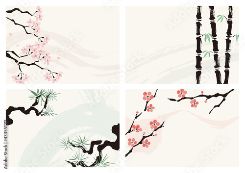 和風 松 竹 梅 桜 かわいい 墨 背景装飾 イラスト 素材セット