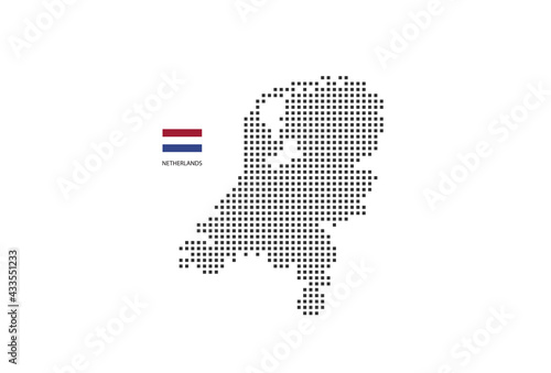Vector square pixel dotted map of Netherlands isolated on white background with Netherlands flag.