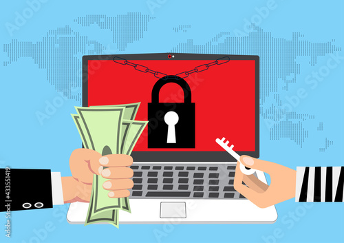 Hand holding money for paying the key from hacker.Ransomware, malware, virus, extortion,data,lock.Vector concept Computer security and technology.