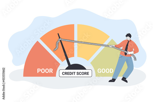 Businessman pushing performance speedometer from poor to good. Tiny character with customer satisfaction gauge flat vector illustration. Credit score, business concept for banner, website design