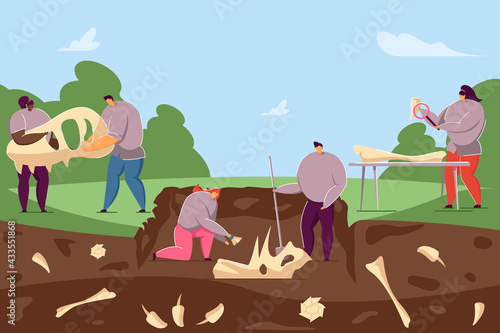 Archaeologists discovering ancient fossils in ground. Flat vector illustration. Cartoon people finding dinosaur bones and skeletons in soil layers. Paleontology, history, dinosaur, science concept