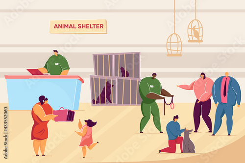 Cartoon people and pets in animal shelter. Flat vector illustration. Volunteers caring about dogs and cats, families adopting homeless pets sitting in cages. Animal, pet, adoption, care concept