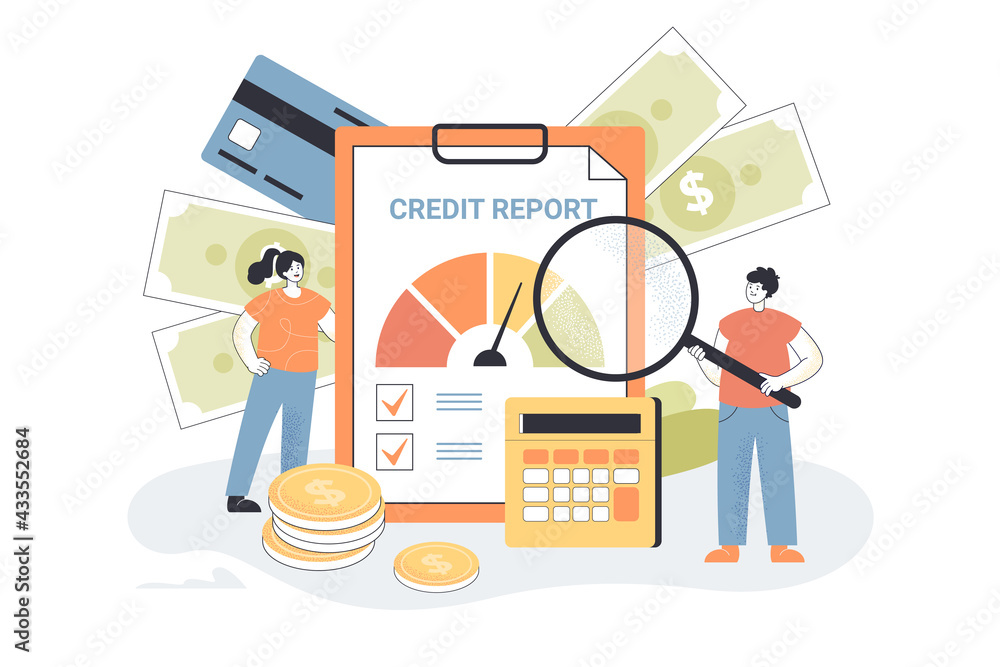 Tiny people with credit report. Cartoon characters checking finances, document with information about money flat vector illustration. Business, credit score concept for banner, website design Tiny people with credit report. Cartoon characters checking finances, document with information about money flat vector illustration. Business, credit score concept for banner, website design