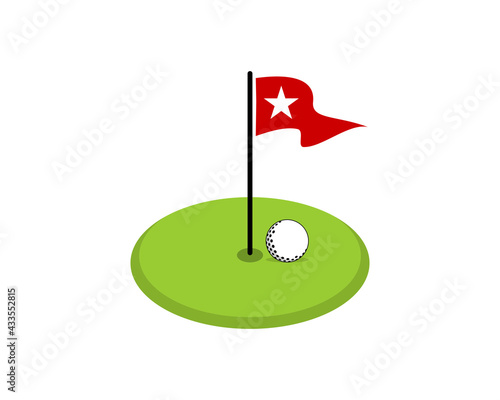 Golf flag and golf ball on the green field
