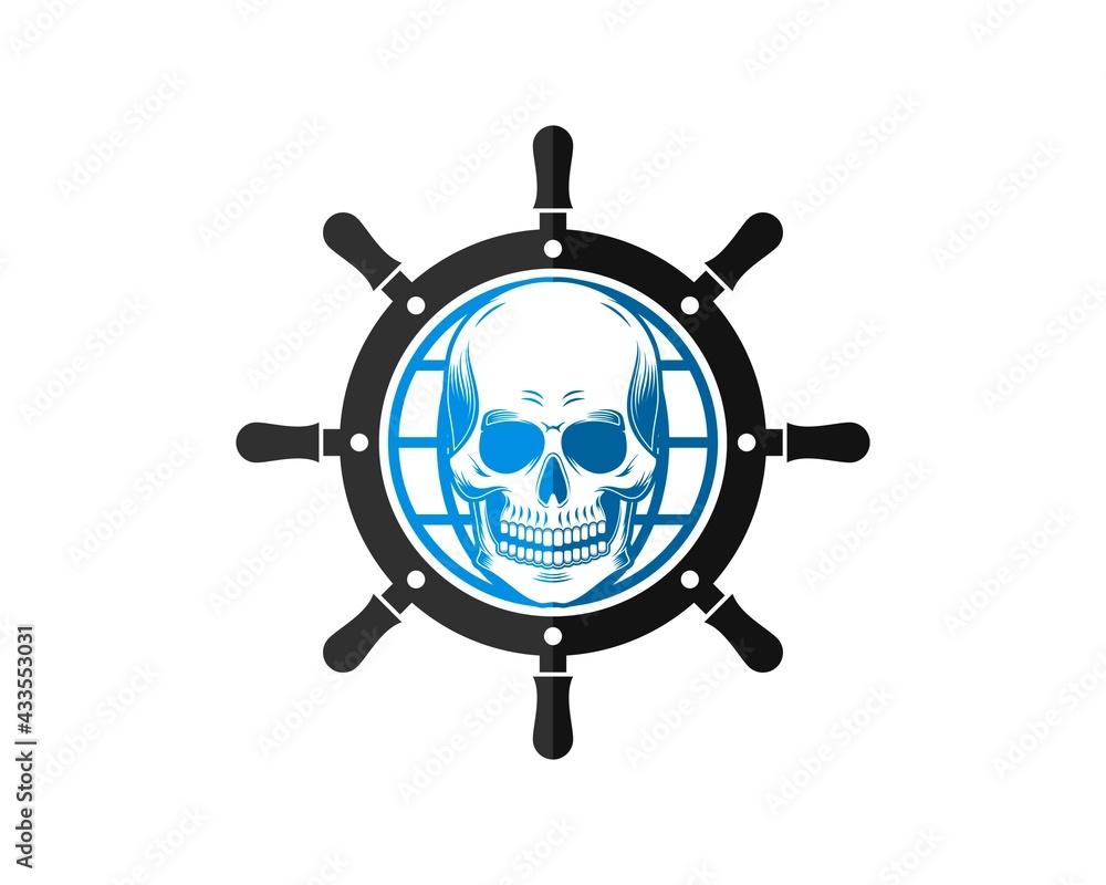 Ship steering wheel with abstract globe and skull inside Ship steering wheel with abstract globe and skull inside
